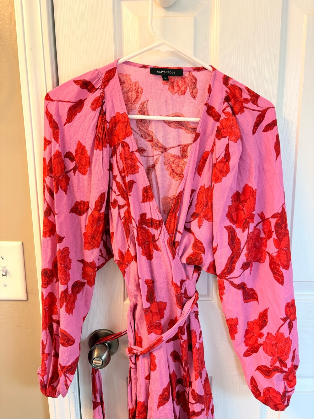 Olivaceous Pink Wrap Dress with Red Floral Print